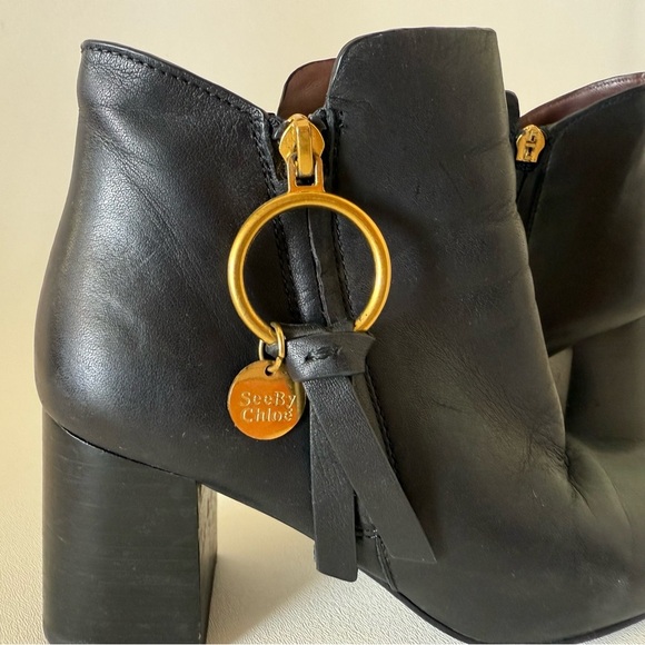 See By Chloe Boots Louise Ankle Leather Block Heel Casual Chic Minimal Black 7 - Picture 10 of 16